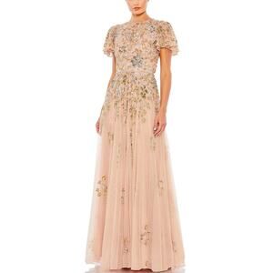 Mac Duggal 5717 Sequined Short Sleeve Evening Gown Taupe Brown Size 18 Dress